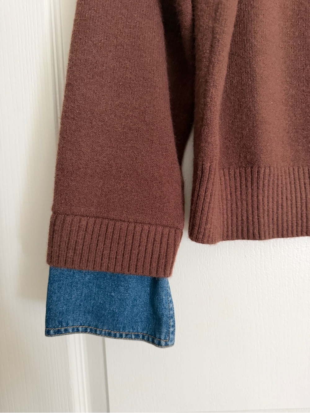 NWT 2-in-1 Panel Lapel Sweater - Brown with Denim Trim - Picture 4 of 7